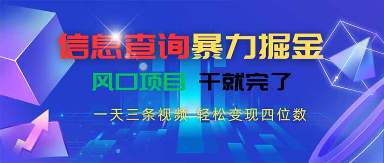 信息查询暴力掘金，一天三条视频 轻松变现四位数，风口项目干就完了-网创吧