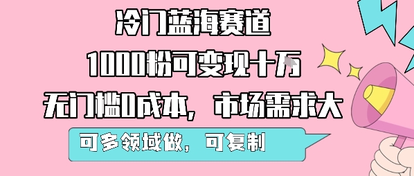 冷门蓝海赛道，1000粉可变现十W，无门槛0成本，市场需求大，可多领域做，可复制性强-网创吧