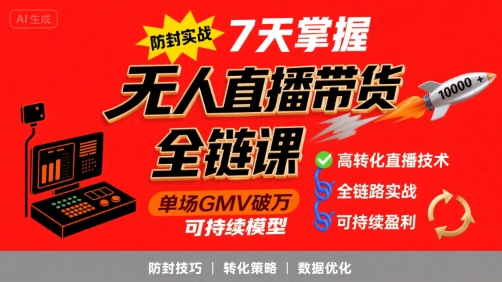 无人直播带货全链防封实战课，7天掌握高转化直播技术，实现单场GMV破万可持续模型-网创吧