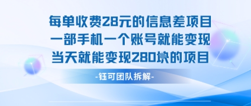 每单收费28米的项目单日能变现280左右 一部手机一个账号就能变现-网创吧