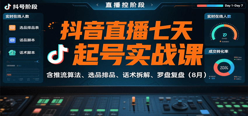 抖音直播七天起号实战课：含推流算法、选品排品、话术拆解、罗盘复盘(8月)-网创吧