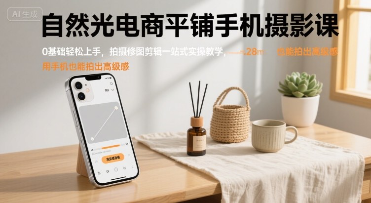 自然光电商平铺手机摄影课，0基础轻松上手，拍摄修图剪辑一站式实操教学，用手机也能拍出高级感-网创吧