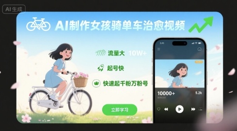 AI制作女孩骑单车治愈视频，流量大，起号快，快速起千粉万粉号-网创吧
