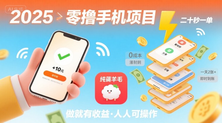 2025年零撸手机项目，二十秒一单，纯薅羊毛 一天2张+做就有-网创吧