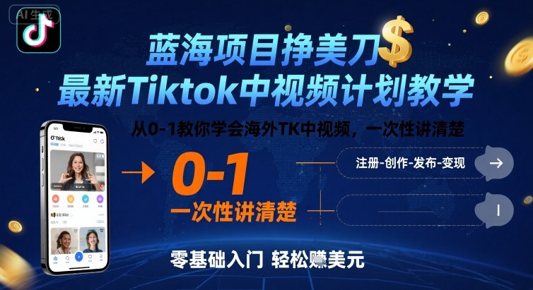 蓝海项目挣美刀，最新Tiktok中视频计划教学，从0-1教你学会海外TK中视频，一次性讲清楚-网创吧
