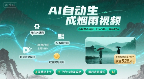 不用拍不用剪！AI自动生成烟雨视频，日入5张+，睡后收入-网创吧