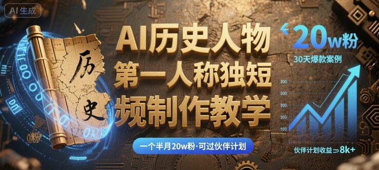 最新AI历史人物第一人称独白短视频制作教学，一个半月20w粉，可过伙伴计划-网创吧