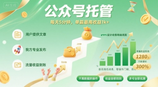 【公众号托管 】我提供文章，你发布，每天5分钟，单篇最高收益1k+【揭秘】-网创吧