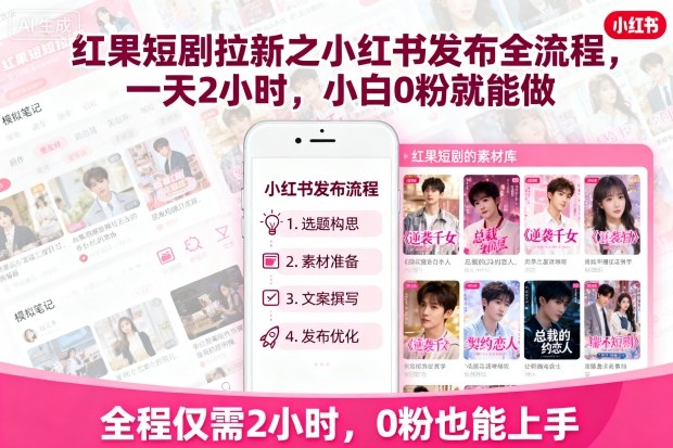 红果短剧拉新之小红书发布全流程，一天2小时，小白0粉就能做-网创吧