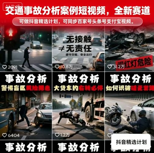 交通事故分析案例短视频，全新赛道，可做抖音精选计划，可同步百家号头条号支付宝视频号平台-网创吧