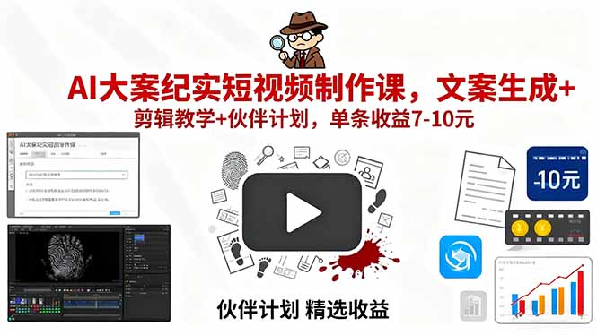 AI大案纪实短视频制作课，文案生成+剪辑教学+伙伴计划，单条收益7-10元-网创吧