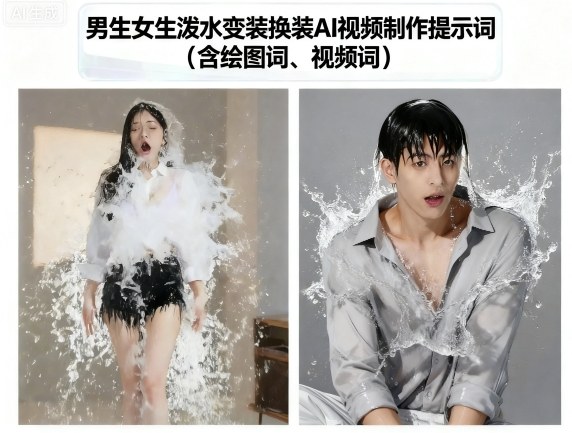 男生女生泼水变装换装AI视频制作提示词(含绘图词、视频词)-网创吧