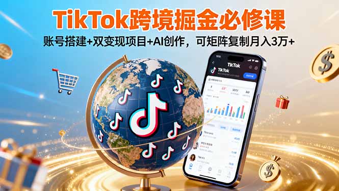TikTo跨境掘金必修课，账号搭建+双变现项目+AI创作，可矩阵复制月入3万+-网创吧
