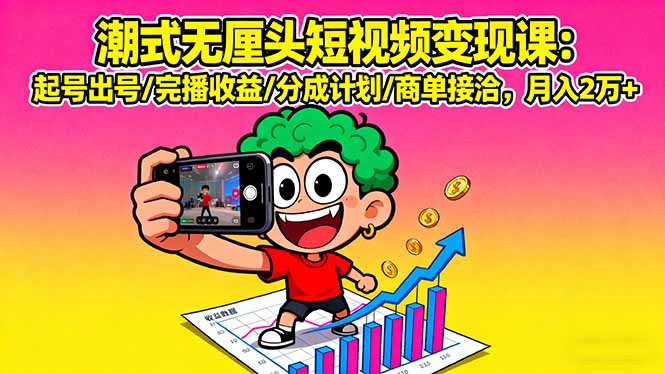 潮式无厘头短视频变现课：起号出号/完播收益/分成计划/商单接洽，月入2万+-网创吧