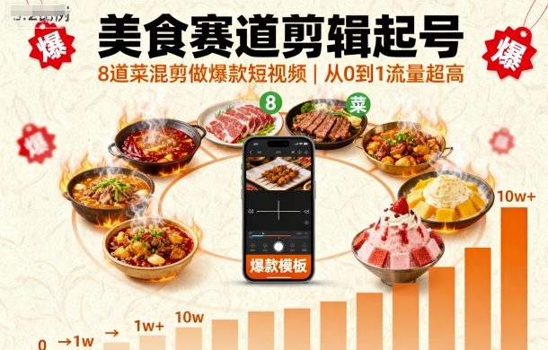 美食赛道剪辑起号，8道菜混剪做爆款短视频，从0到1，流量超高-网创吧