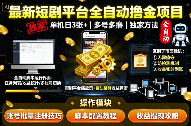 最新短剧平台全自动挂G撸金项目,单机一天3张+,多号多撸,区别于市面所有挂机项目,独家方法【揭秘】-网创吧