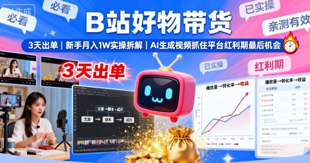 B站好物带货，3天出单，新手月入1W实操拆解，AI生成视频，抓住平台红利期最后机会-网创吧