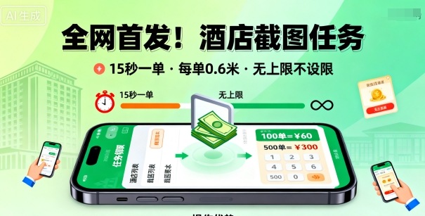 全网首发！酒店截图任务，15秒一单，每单0.6米，任务无上限不设限，矩阵操作单日3张到手【揭秘】-网创吧