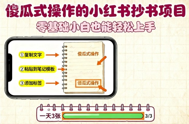 傻瓜式操作的小红书抄书项目,会复制粘贴就行,零基础小白也能一天3张-网创吧