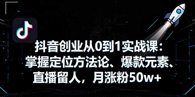 抖音创业从0到1实战课：掌握定位方法论、爆款元素、直播留人，月涨粉50w+-网创吧