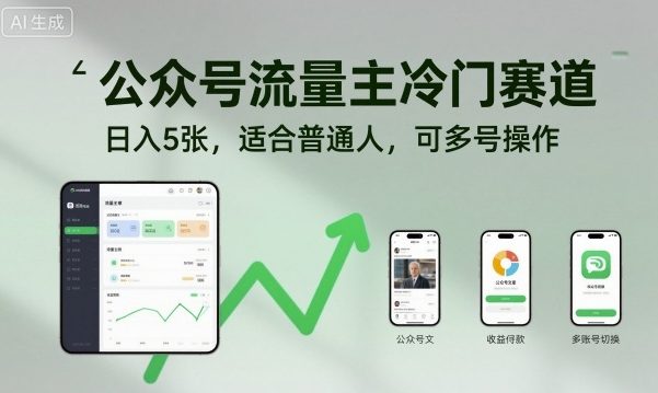 公众号流量主冷门赛道，日入5张，适合普通人，可多号操作-网创吧