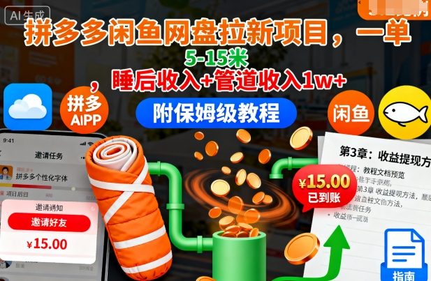 拼多多闲鱼网盘拉新项目，一单5-15米，睡后收入+管道收入1w+(附保姆级教程)-网创吧