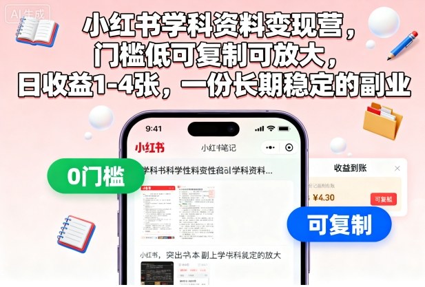小红书学科资料变现营,门槛低可复制可放大,日收益1-4张,一份长期稳定的副业-网创吧