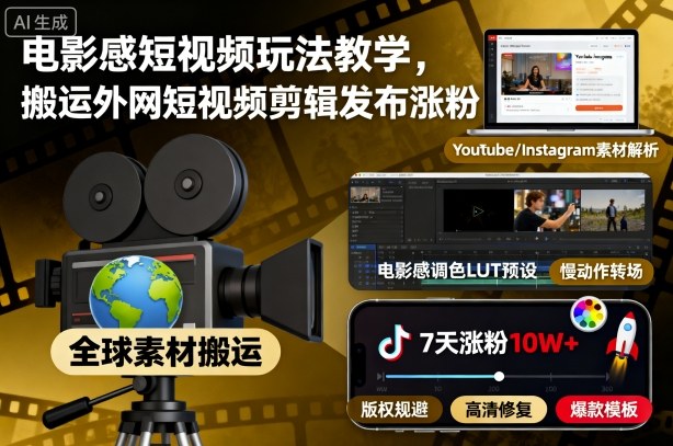 电影感短视频玩法教学，搬运外网短视频剪辑发布涨粉-网创吧