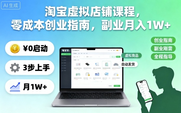 淘宝虚拟店铺课程，零成本创业指南，副业月入1W+-网创吧