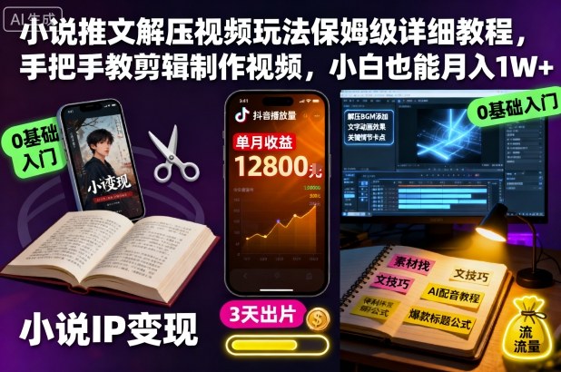 小说推文解压视频玩法保姆级详细教程，手把手教剪辑制作视频，小白也能月入1W+-网创吧