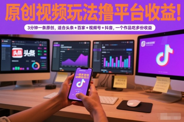 原创视频玩法撸平台收益，3分钟一条原创，适合头条+百家+视频号+抖音，一个作品吃多份收益-网创吧