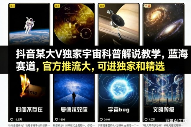 抖音某大V独家宇宙科普解说教学，蓝海赛道，官方推流大，可进独家和精选-网创吧